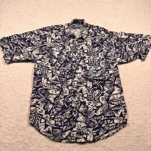 Vintage Bugle Boy‎ Direction Mens Navy Blue Abstract Print Button Down Shirt L
